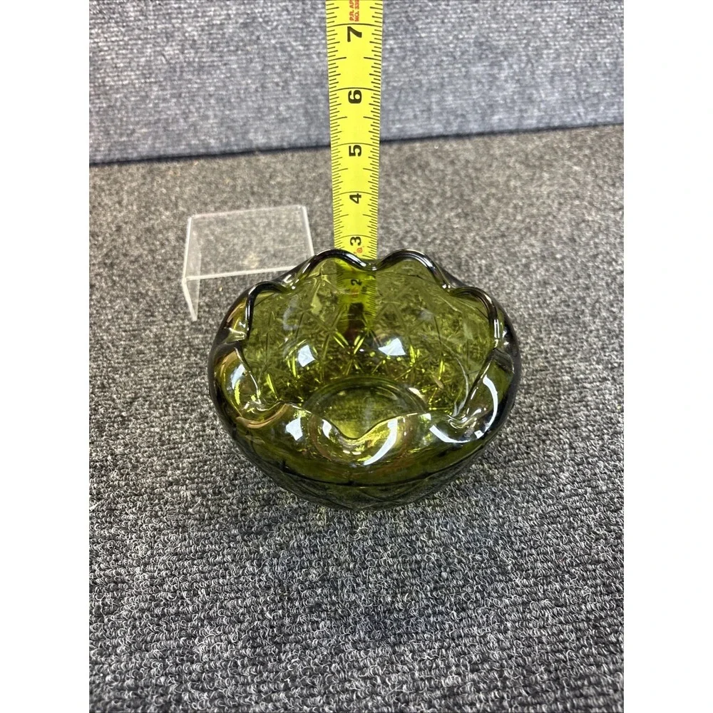Vtg~Indiana Glass~Avocado Green~Quilted/Diamond/Ruffle Candy/Trinket Dish‎